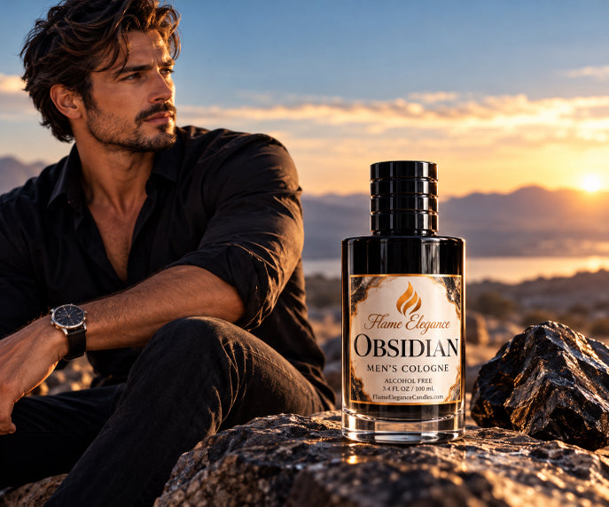 Obsidian men's cologne by Flame Elegance sitting on a large chunk of Obsidian with a man sitting next to the black glass container and mountains and water in the back ground. Sun is shining. 