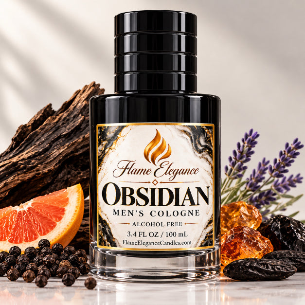 Image of black obsidian glass bottle by Flame Elegance with white background. Image contains orange, lavender, and obsidian crystal in it. 