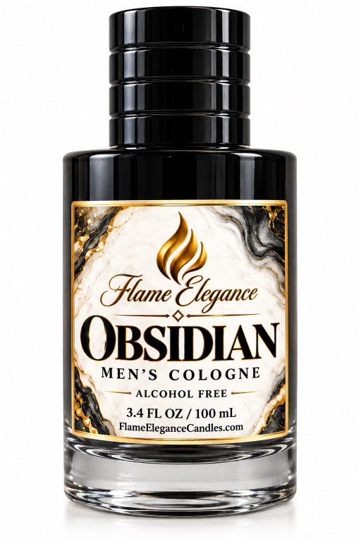 Obsidian mens cologne by flame Elegance with black glass bottle 100 mL and all white background