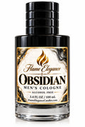 Obsidian mens cologne by flame Elegance with black glass bottle 100 mL and all white background