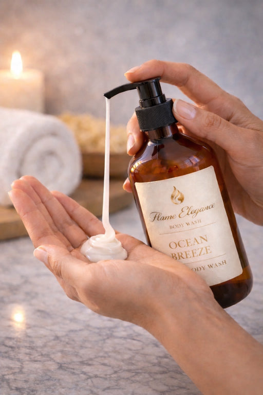Ocean Breeze Luxe Body Wash by Flame Elegance. One hand holding the pump bottle and the other hand has the body wash in it. Spa like background. 
