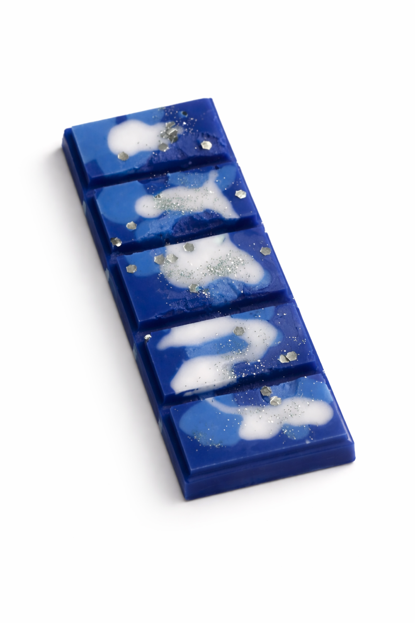 Ocean breeze luxurious wax melt bar with clean coastal scent, blue and white artisan soy wax with subtle shimmer. 