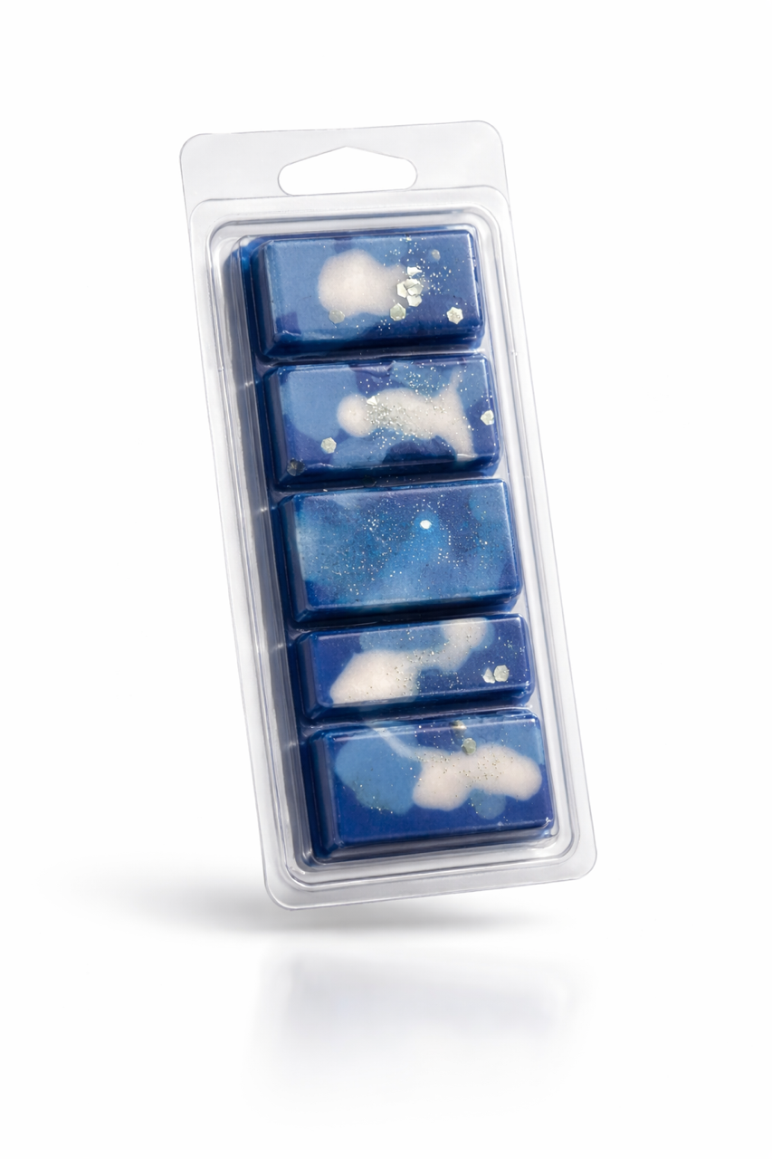 Pack of blue wax melts with white cloud designs in a clear plastic packaging on a white background