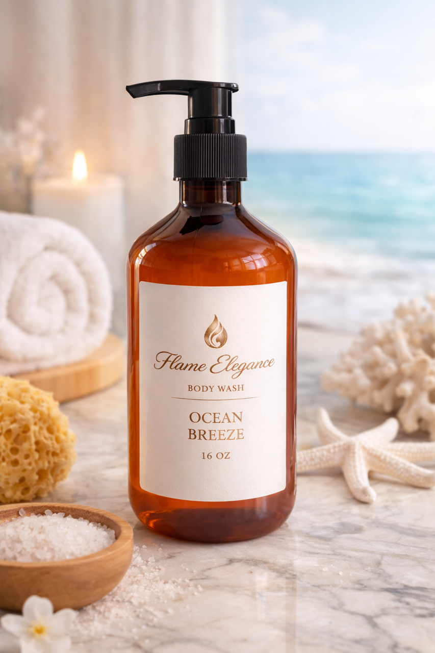 Ocean Breeze Luxe Body Wash in an amber pump bottle, toxin-free and handcrafted with Castile soap, jojoba oil, glycerine, xanthan gum, and crothix for a fresh and luxurious cleanse. 