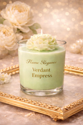 Luxurious Green candle named 'Verdant Empress' with floral design on a decorative tray scented with Currant Blossom. 