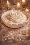 Elegant Decorative large ivory sculpted peony with 'Petals of Grace' text in a warm, candlelit setting. Four wick candle housed in a large ceramic ivory base. 