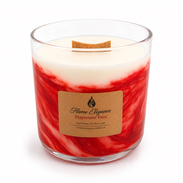 Peppermint Twist Scented Soy Luxury Marble Wood Wick Candle by Flame Elegance with white background. 