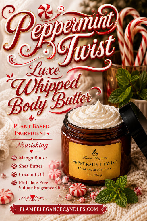 A jar of Flame Elegance Peppermint Twist Luxe Whipped Body Butter shown with its lid off, revealing whipped cream inside. The jar is styled with peppermint candies, mint leaves, and candy canes on a soft beige knit blanket, with festive red and white typography above.