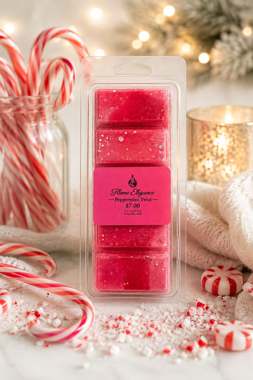 A packaged wax melt set in a clear plastic clamshell package with a bright pink label reading 'Flame Lotion Peppermint Twist $7.00'.