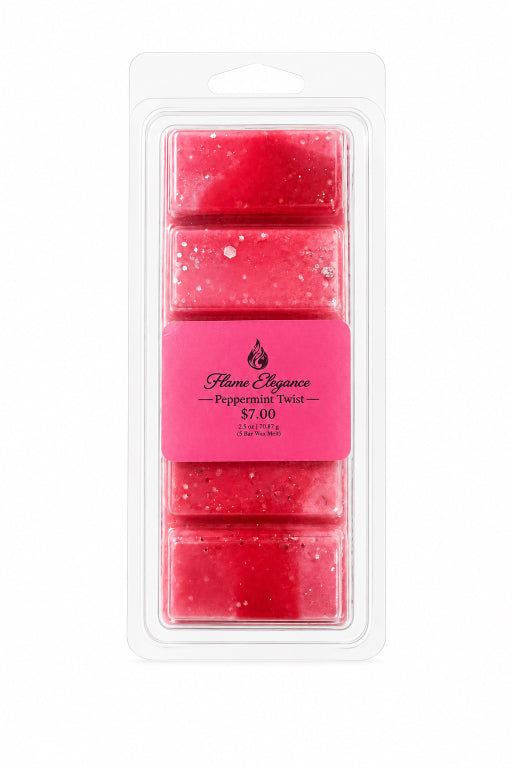 A 5-pack of red wax melts in a clear plastic clamshell package with a pink label. The label reads 'Home Fragrance Peppermint Twist $7 by Flame Elegance.