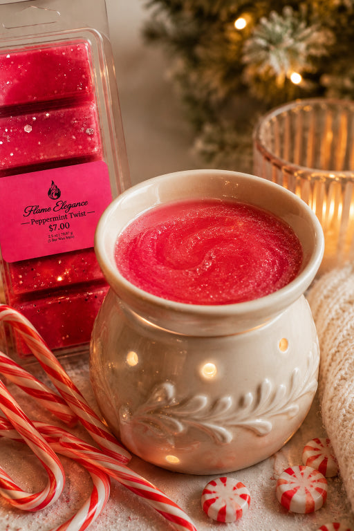 A festive holiday scene featuring a white ceramic wax warmer filled with red wax, alongside a package of red wax melts labeled 'Home Scents Peppermint Citz' and candy canes and peppermint candies on a cozy surface.