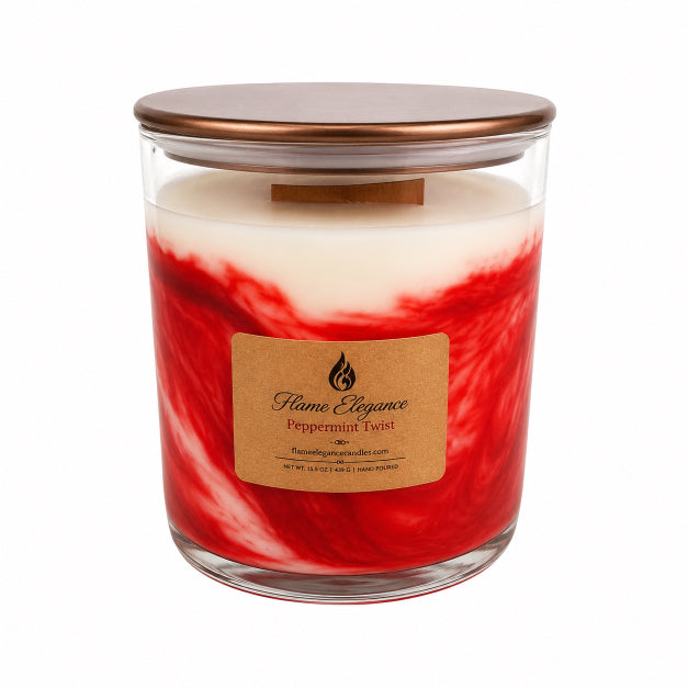 Peppermint Twist Scented Soy Luxury Marbled Candle by Flame Elegance with bronze lid and white background