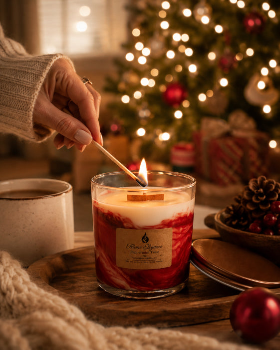 A hand lighting peppermint twist marble candle wood wick with Christmas tree in background by Flame Elegance.