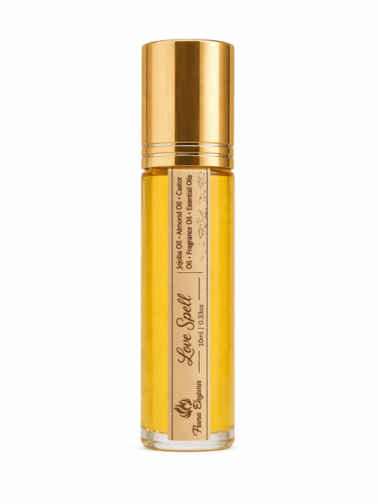 Gold and beige bottle with 'Love Spell' text on a white background perfume roller 10ml glass bottle by Flame Elegance