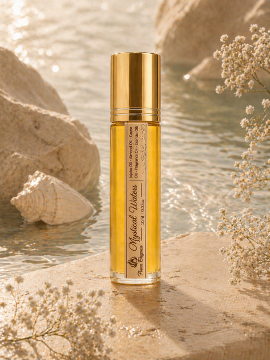 Gold Elegant bottle of  Mystical Waters Perfume oil on a natural setting with water and rocks by Flame Elegance.