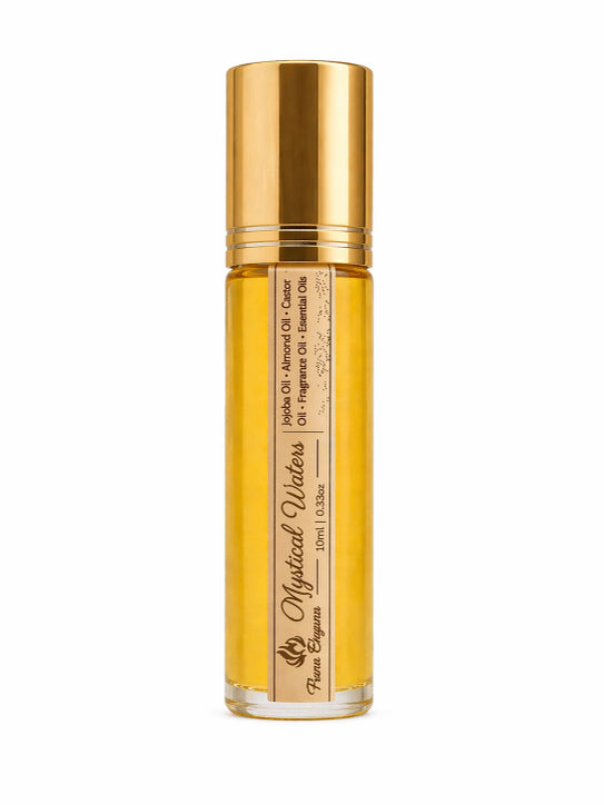 Gold and beige luxury  bottle of 'Mystical Waters' perfume on a white background by Flame Elegance