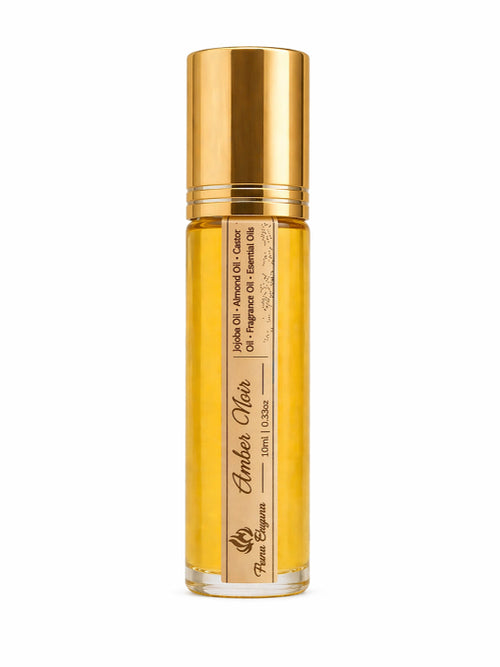 Amber Noir perfume bottle with gold cap on a white background
