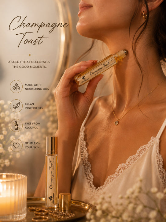 Woman holding a bottle of 'Champagne Toast' perfume with product details on a blurred background by Flame Elegance. 