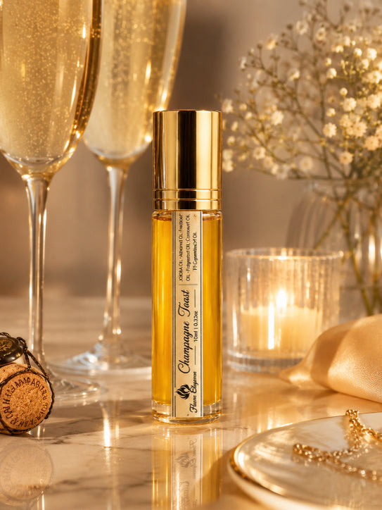 Gold bottle of champagne with two glasses and a candle in the background with a bottle of roller perfume labeled Champagne Toast by Flame Elegance
