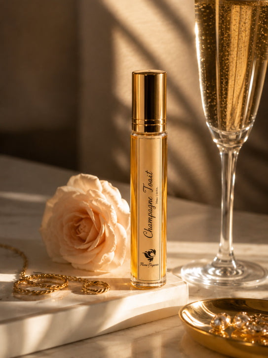Champagne Toast perfume bottle with a rose, gold necklace, and champagne glass on a marble surface by Flame Elegance. 