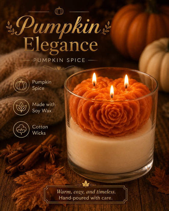 Pumpkin spice candle with pumpkins and cinnamon sticks on a wooden surface