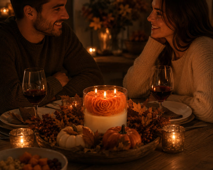 Couple enjoying a romantic dinner with candles and wine in a cozy setting. Centerpiece candle if Pumpkin Elegance a orange artisan candle sitting on top of a ivory base in a clear jar by Flame Elengace.