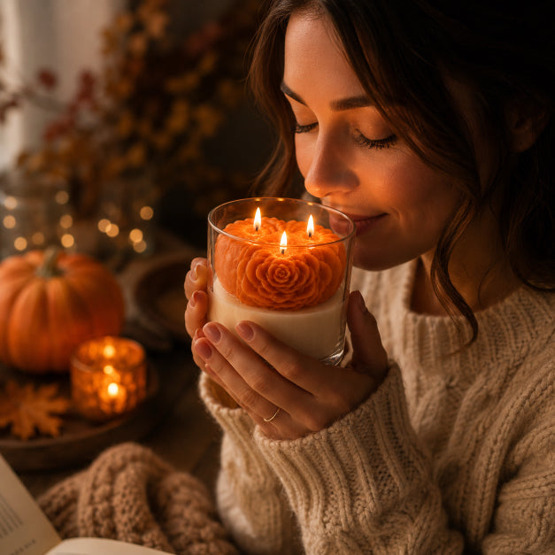Woman holding a artisan pumpkin candle with pumpkin design, surrounded by autumn decorations scented with Pumpkin Spice by Flame Elegance. 