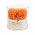 Candle with pumpkin design candle on top of ivory base labeled Flame Elegance Pumpkin Elegance scented with Pumpkin Spice and 'Flame Elegance' branding on a white background
