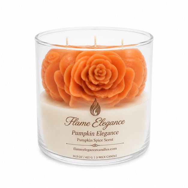 Candle with pumpkin design candle on top of ivory base labeled Flame Elegance Pumpkin Elegance scented with Pumpkin Spice and 'Flame Elegance' branding on a white background