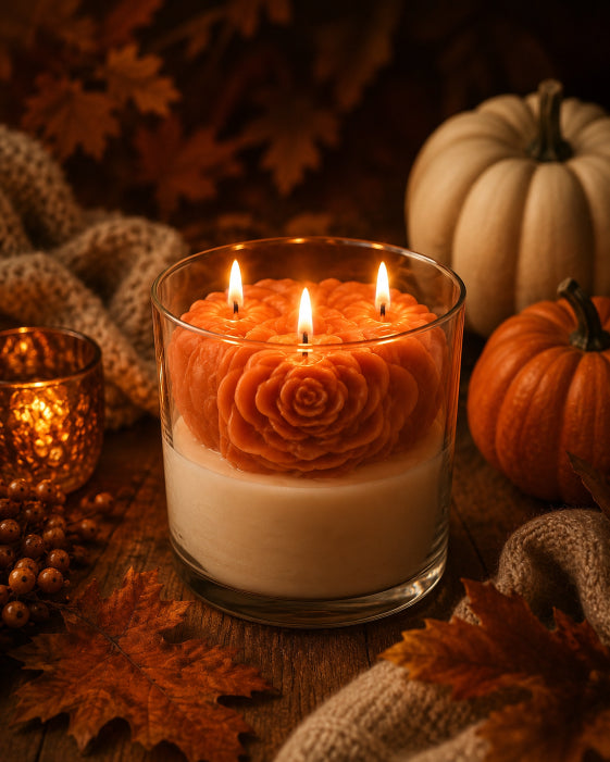 Candle with orange artisan pumpkin sitting on top of ivory base in a glass holder on a wooden surface with pumpkins and leaves scented with Pumpkin Spice by Flame Elegance.