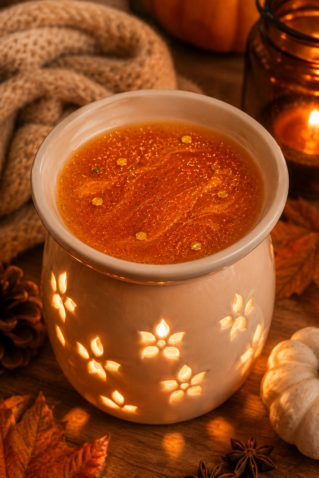 Wax warmer with a pumpkin-scented candle on a wooden surface with pumpkins and leaves Pumpkin Spice melted wax melts in wax warmer by Flame Elegance.