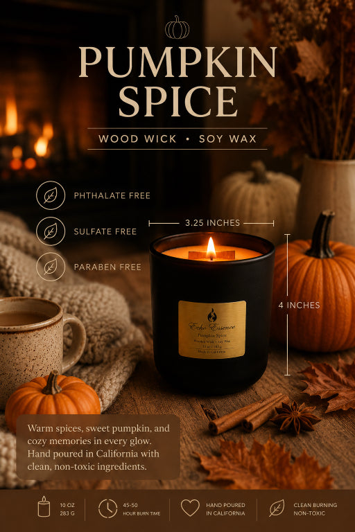 pumpkin spice wood wick soy wax elegant candle saying phalate free sulfate free and paraben free by Flame Elegance measuring 4 inches tall. 