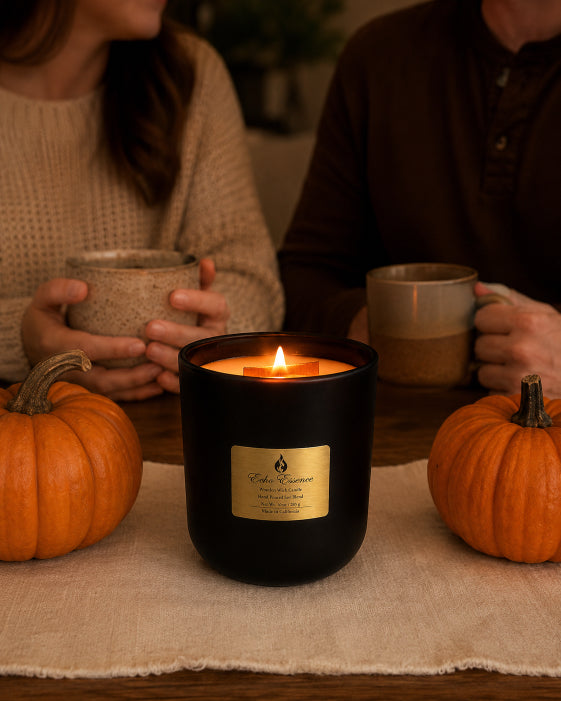 pumpkin spice wood wick candle by Flame Elegance with two people in the background and two fall pumpkins