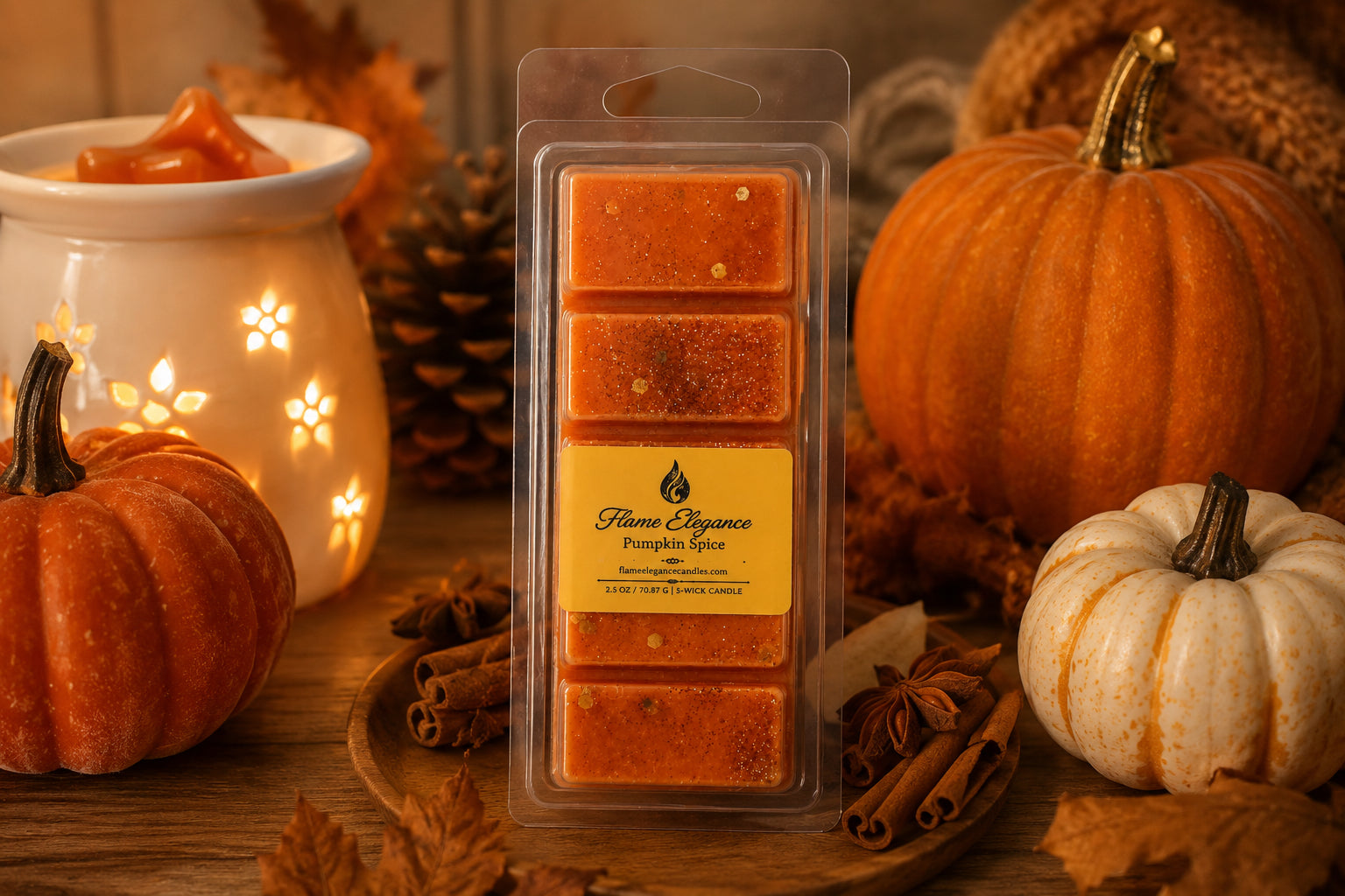 Packaged pumpkin spice wax melts with pumpkins and cinnamon sticks on a wooden surface by Flame Elegance