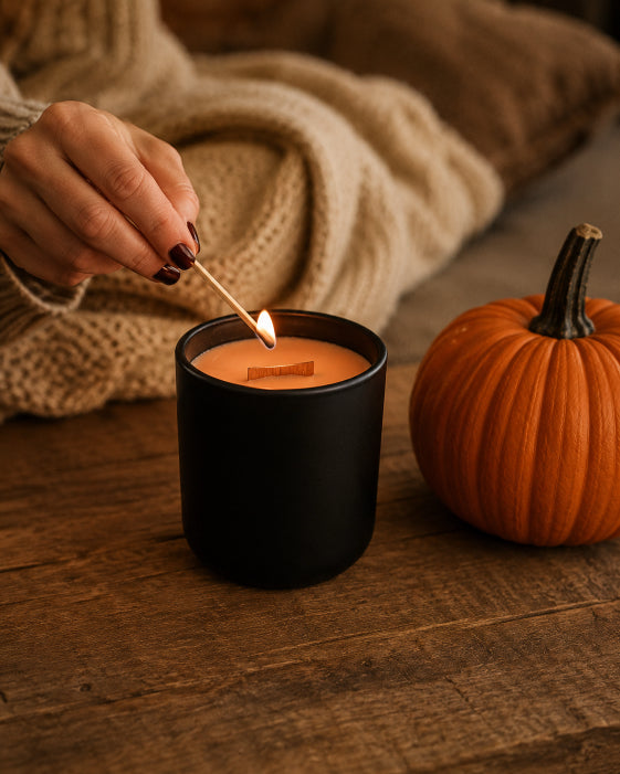 someone lighting pumpkin spic wood wick candle by flame elegance.