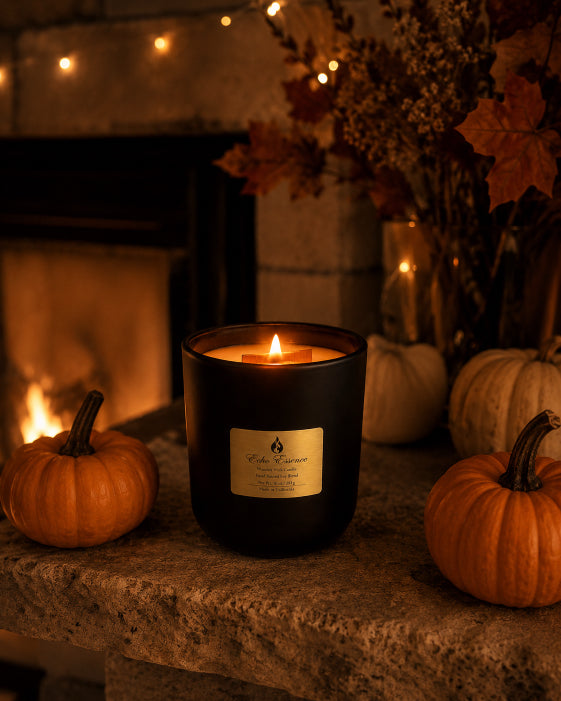 Orange pumpkin spice wood wick soy candle with two pumpkins next to candle in black vessel with gold label and fireplace in the background by flame elegance.
