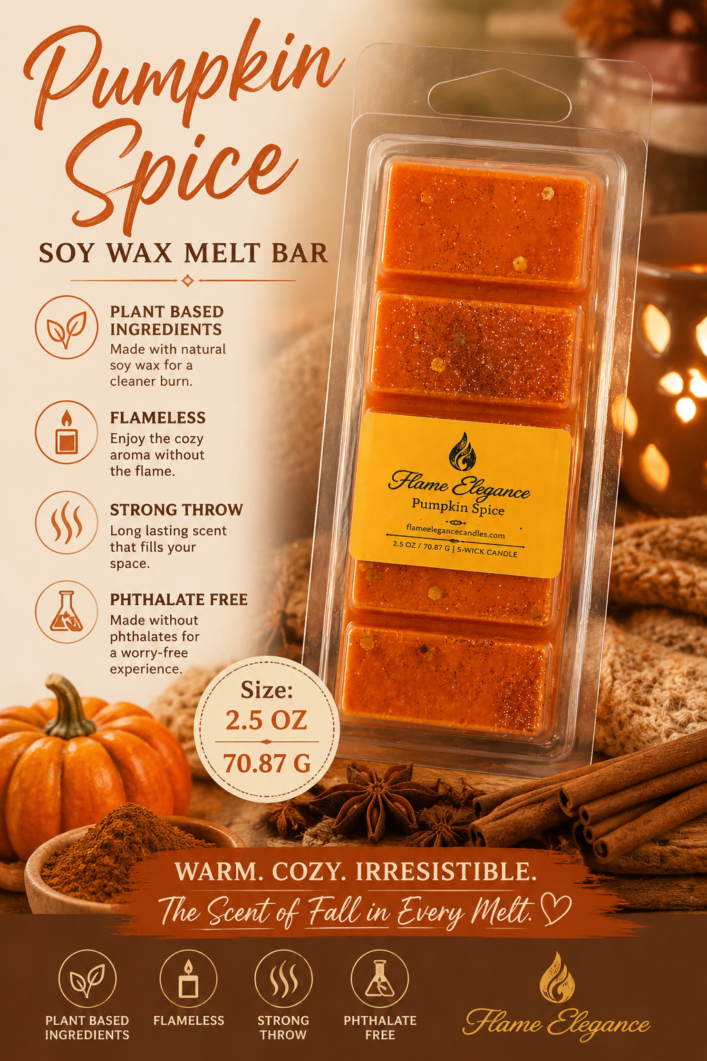 Pumpkin spice soy wax melt bar packaging with ingredients and benefits listed by Flame Elegance