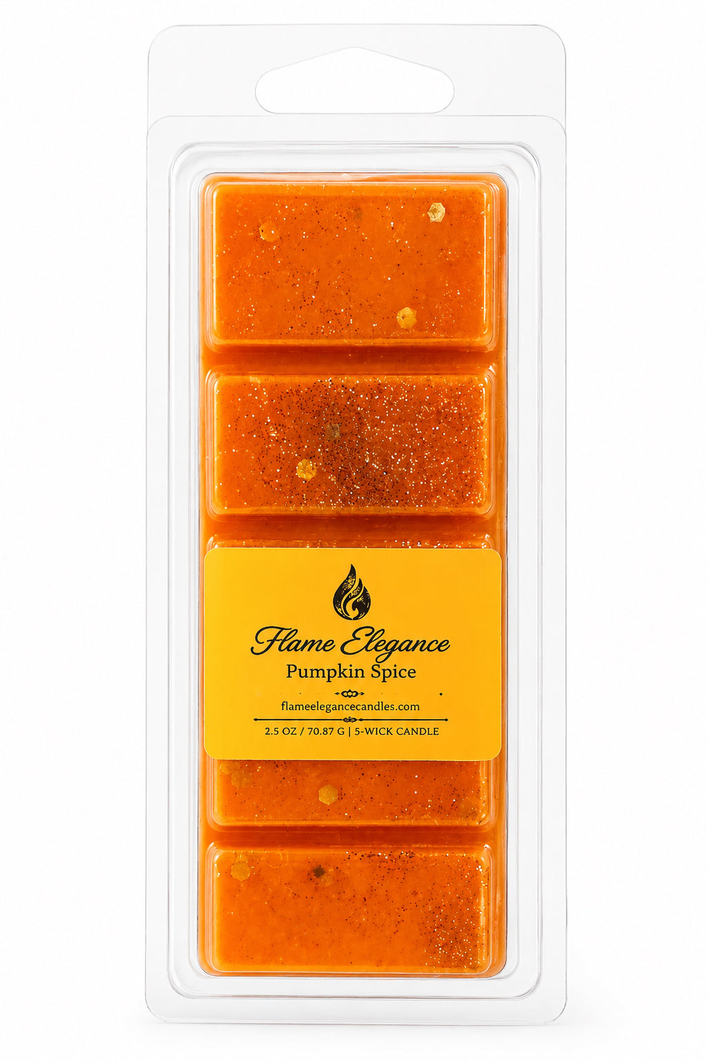 Pumpkin spice wax melts in packaging with 'Flame Elegance' branding on a white background by Flame Elegance