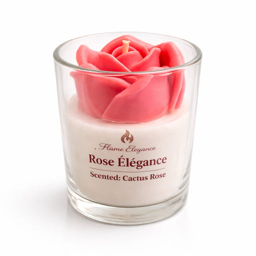rose elegance candle scented with cactus rose non-toxic fragrance in glass jar with pink rose wax top on white backround. 