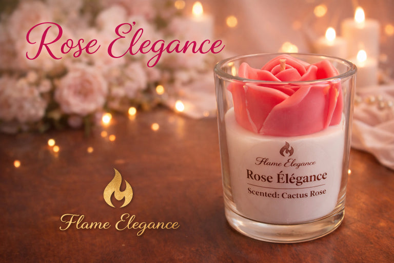 Close up of Rose Elegance Candle label in glass jar with soft romantic lighting styled for Mother's day gift. 
