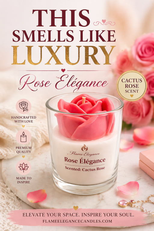 Rose Elegance candle with pink rose in a glass container on a white surface, surrounded by pink roses and jewelry.