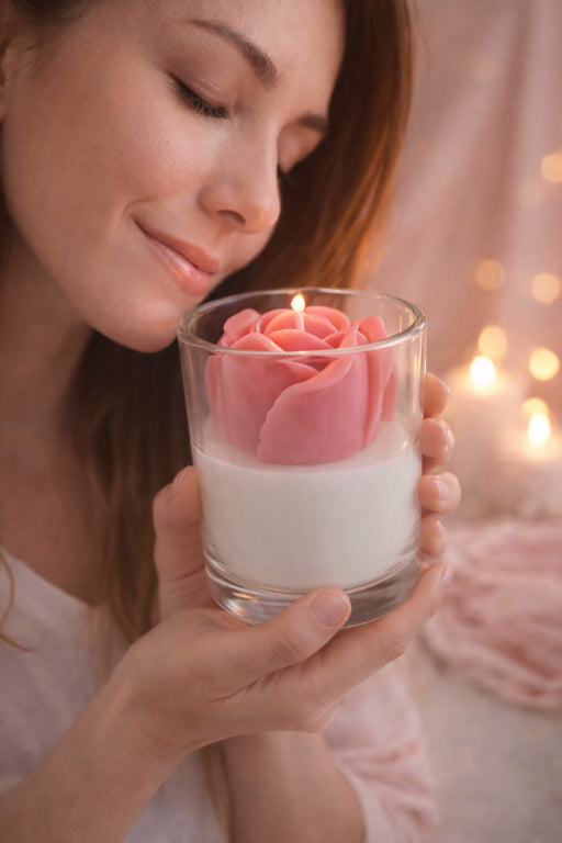 woman holding a lit pink rose topped candle with cream base by Flame Elegance. 