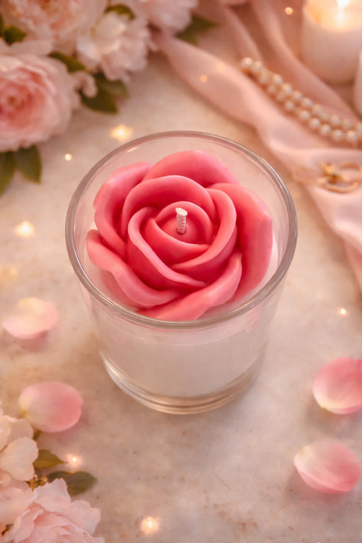 Close up of Rose Elegance candle in glass jar with rose petals in the background. View of the top of the rose accent candle on top. 