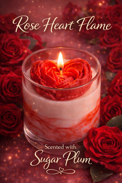 Rose Heart Flame luxury scented soy wax candle for home decor by Flame Elegance. Marbled wax design, blush rose heart sculpted wax accent on top of marbled base in glass vessel. Scented with sugar plum. 