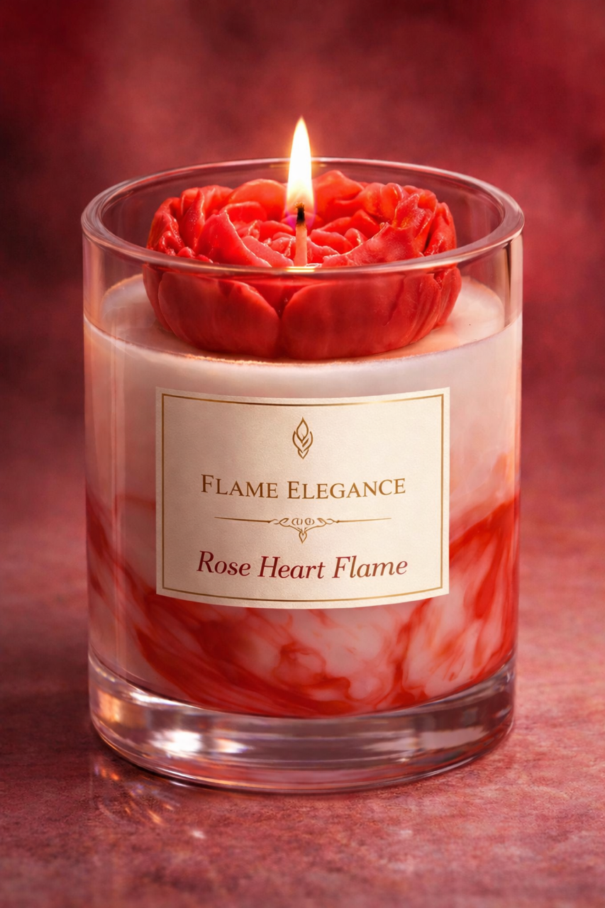Rose Heart Flame luxury artisan candle scented in sugar plum, featuring a sculpted red rose heart wax topper set in a marbled red and ivory wax base inside a clear glass vessel. 