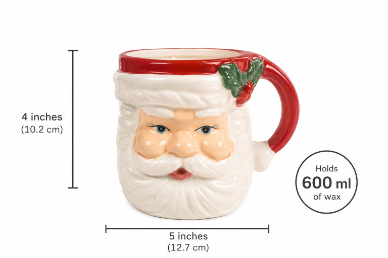 Santa mug with dimensions on the image including 4 inches for the height, holds 600 ml of wax, and five inches in width by Flame Elegance on white background. 