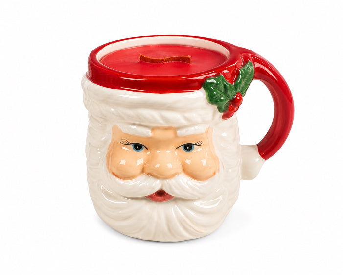 Ceramic Santa Mug vessel with red sugar plum scented soy wax candle and wood wick with white background by Flame Elegance