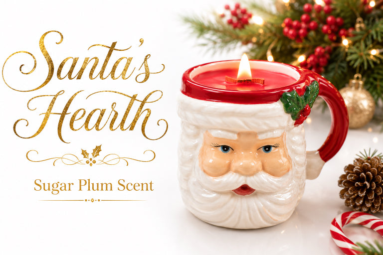 Santa Mug with red candle lit inside with wood wick. Writing on image says Santa's Hearth, sugar plum scent with white background candy cane, pine cone, and tree with holy. Candle by Flame Elegance.