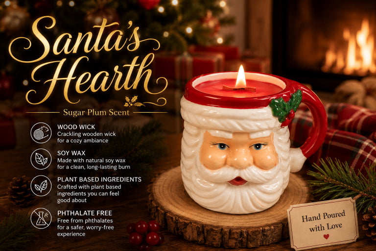 Santa's Hearth Sant Mug Candle by Flame Elegance scented with Sugar Plum. Background includes candle sitting on wood holder, fireplace, and christmas Tree. Writing on image says Wood wick, soy wax, plant based ingredients, and phthalate free. 