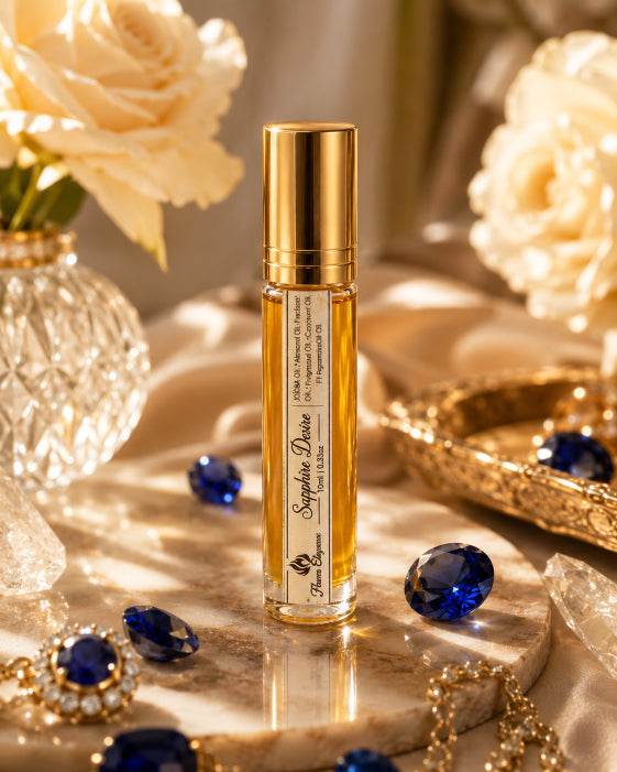Elegant Gold and clear rollerball bottle of Luxe Sapphire Desire perfume with floral and jewelry background by Flame Elegance